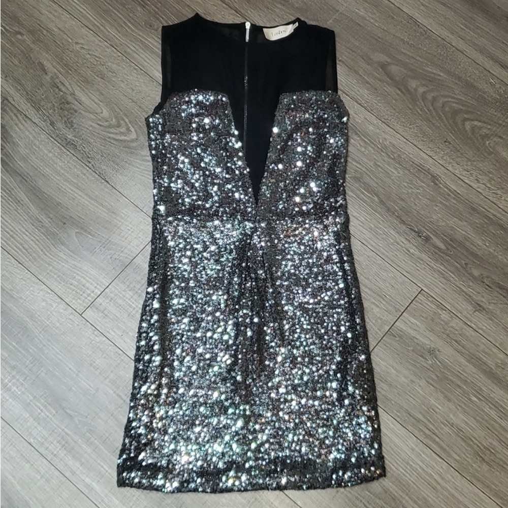 ASOS Sequin & Black Mesh Dress Sz 8 Silver/Black Sequins- Low Cut Mesh Bust/Back